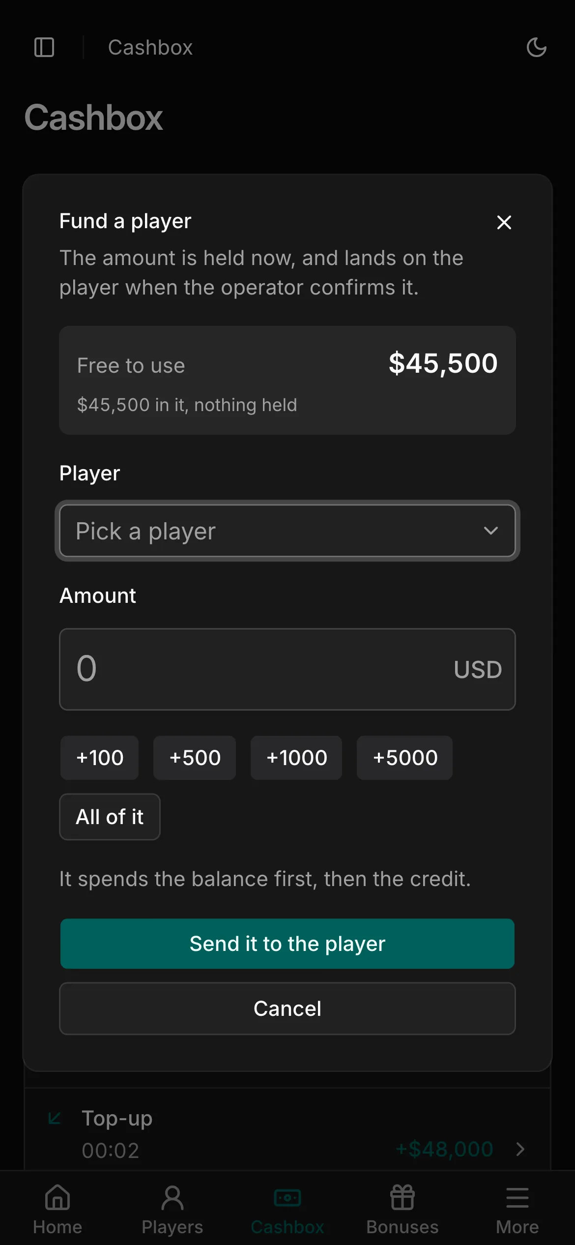 The fund dialog of an agent on a phone: pick a player, type an amount, send it.