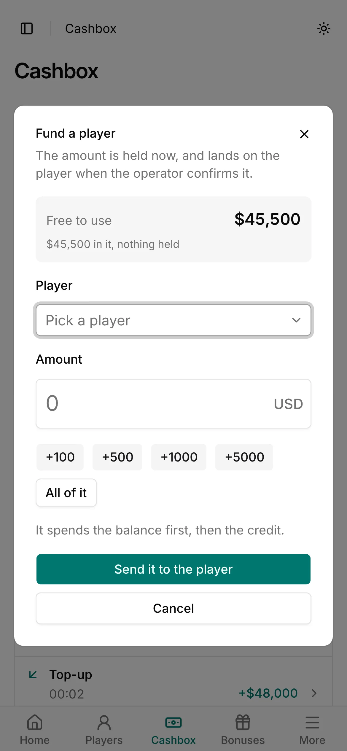 The fund dialog of an agent on a phone: pick a player, type an amount, send it.