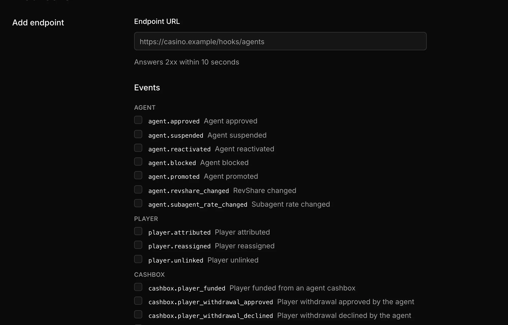 The webhook settings: an endpoint URL and the agent, player, cashbox, bonus and bill events it may subscribe to.