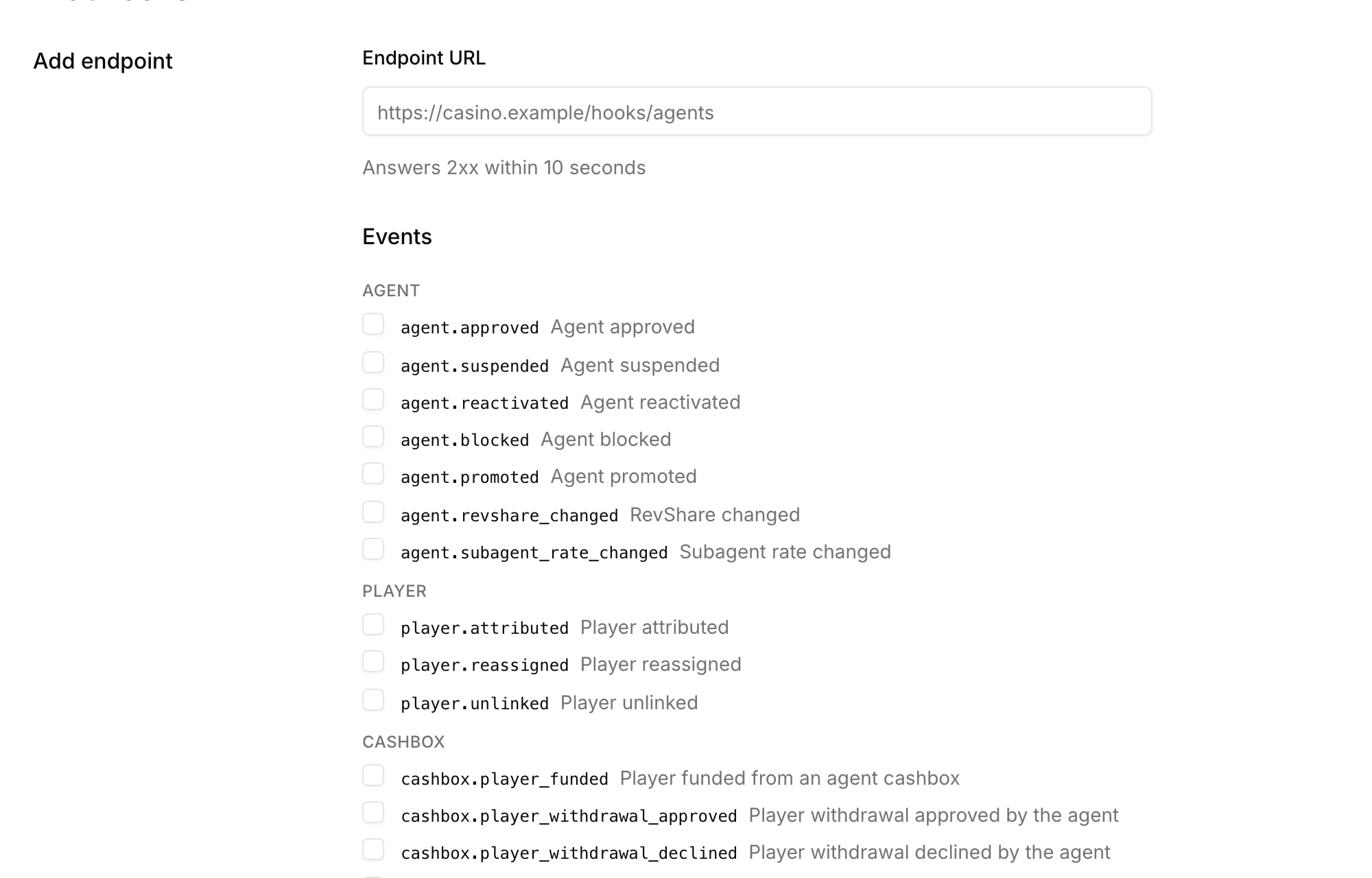 The webhook settings: an endpoint URL and the agent, player, cashbox, bonus and bill events it may subscribe to.